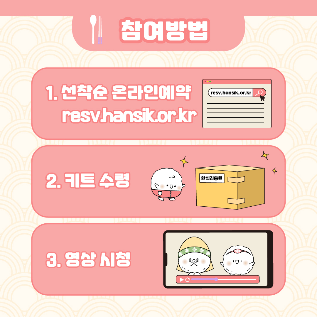 참여방법 1. 선착순 온라인 예약 resv.hansik.or.kr 2. 키트 수령 3. 영상 시청