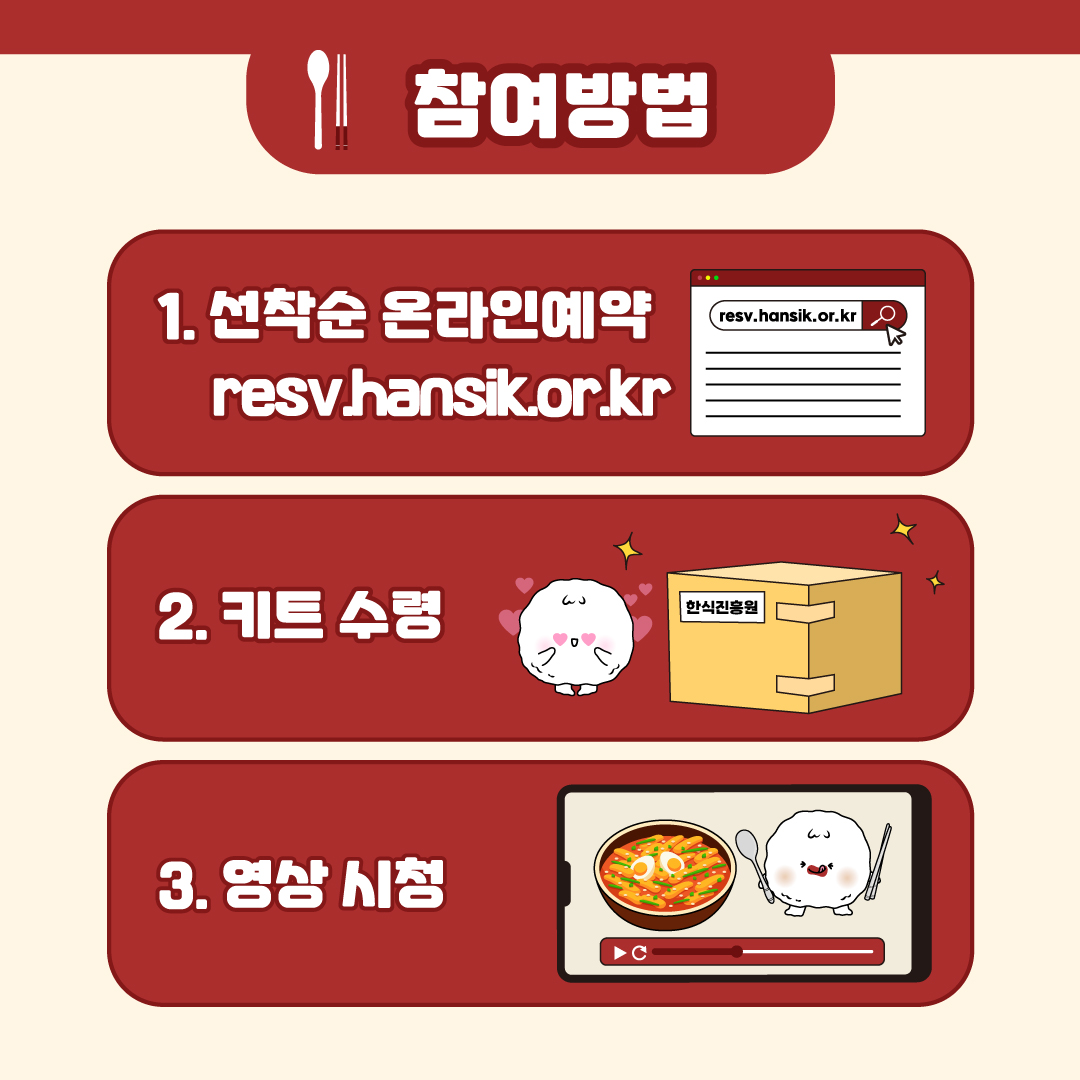 참여방법 1. 선착순 온라인 예약(resv.hansik.or.kr), 2. 키트수령, 3. 영상시청