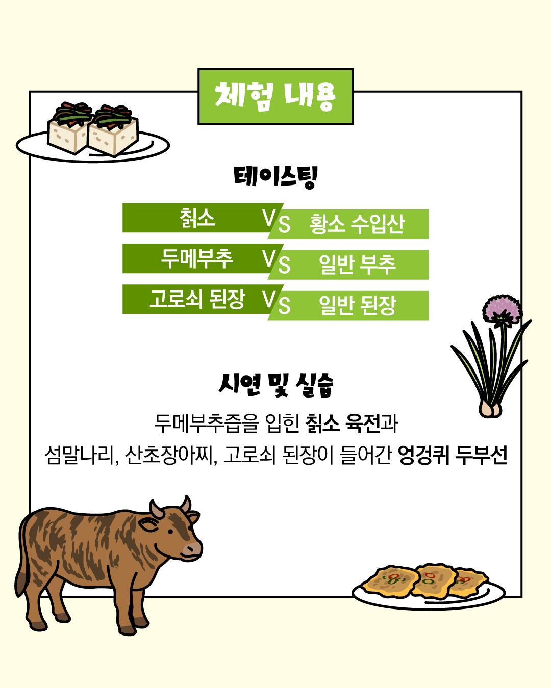 체험 내용   - 테이스팅    칡소 VS 황소 수입산   두메부추 VS 일반 부추   고로쇠 된장 VS 일반 된장  - 시연 및 실습   두메부추즙을 입힌 칡소 육전과 섬말나리, 산초장아찌   고로쇠 된장이 들어간 엉겅퀴 두부선 